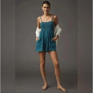 Anthropologie Pilcro Women’s Smocked Linen Blend Romper Teal Size XS Boho Beach